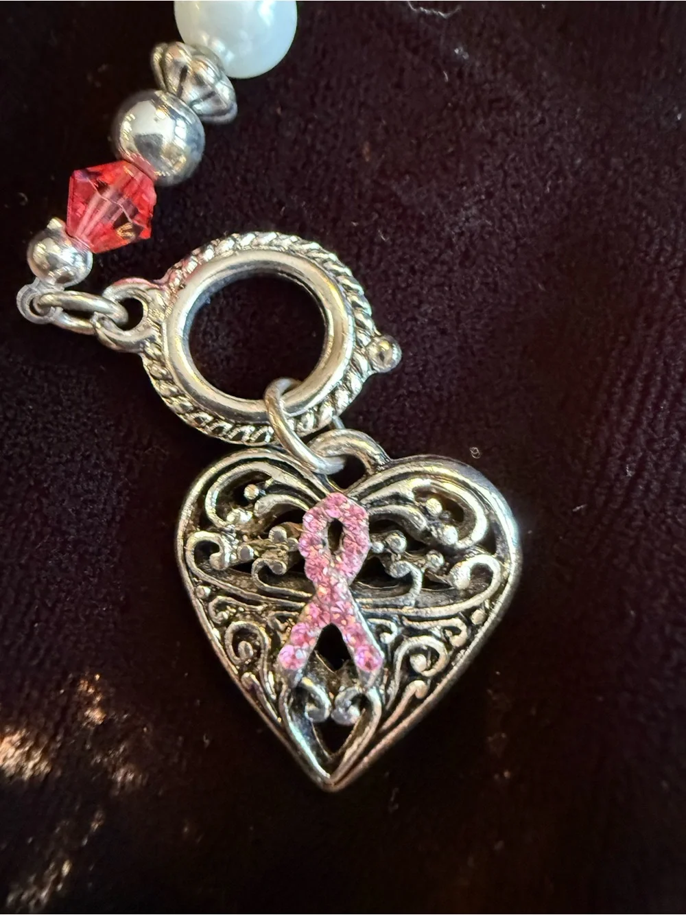 Pink Crystal bead breast cancer awareness, & Pearl Inspirational Charm Bracelet